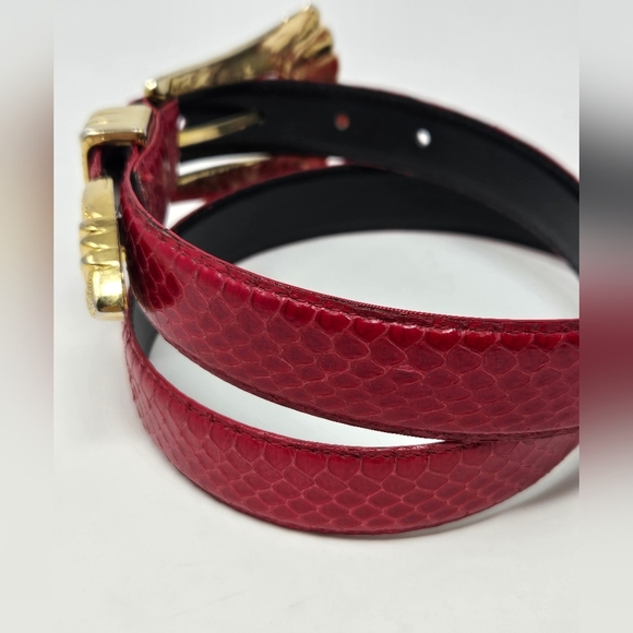 VINTAGE JANA GENUINE SNAKESKIN RED BELT GOLD BUCKLE & END CAP WOMEN LARGE 1980s - Picture 3 of 15